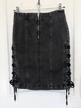 Free People Charcoal Denim Lace-Up Pencil Skirt With Lace Up Sides 6